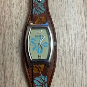 FOSSIL WOMENS WATCH BROWN LEATHER Blue FLORAL BAND JR-8179 New Battery